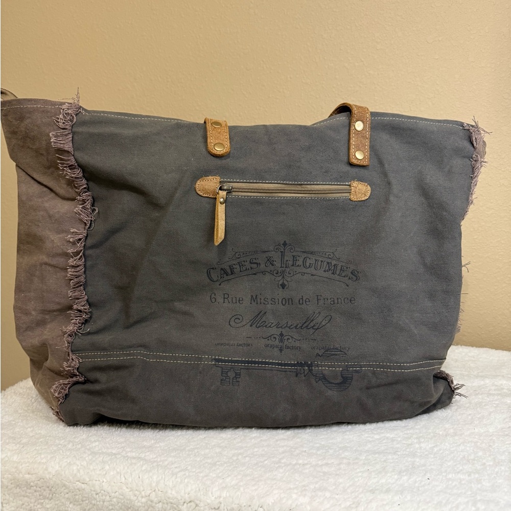 Myra Bag Teal and Brown Travel Tote with White Pattern - Picture 4 of 11